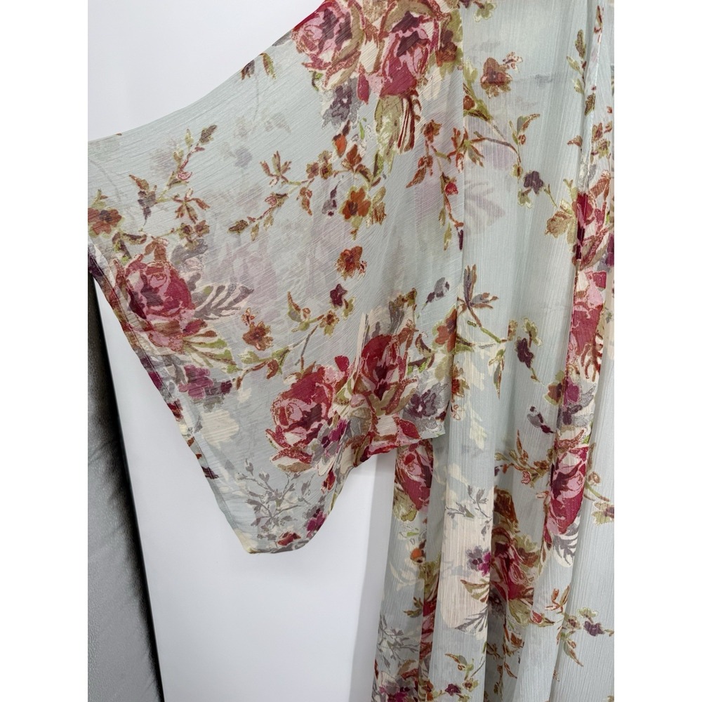 Sheer Floral Kimono Robe Long Duster Open Front Festival Sage Pink Whimsygoth S - Picture 4 of 8